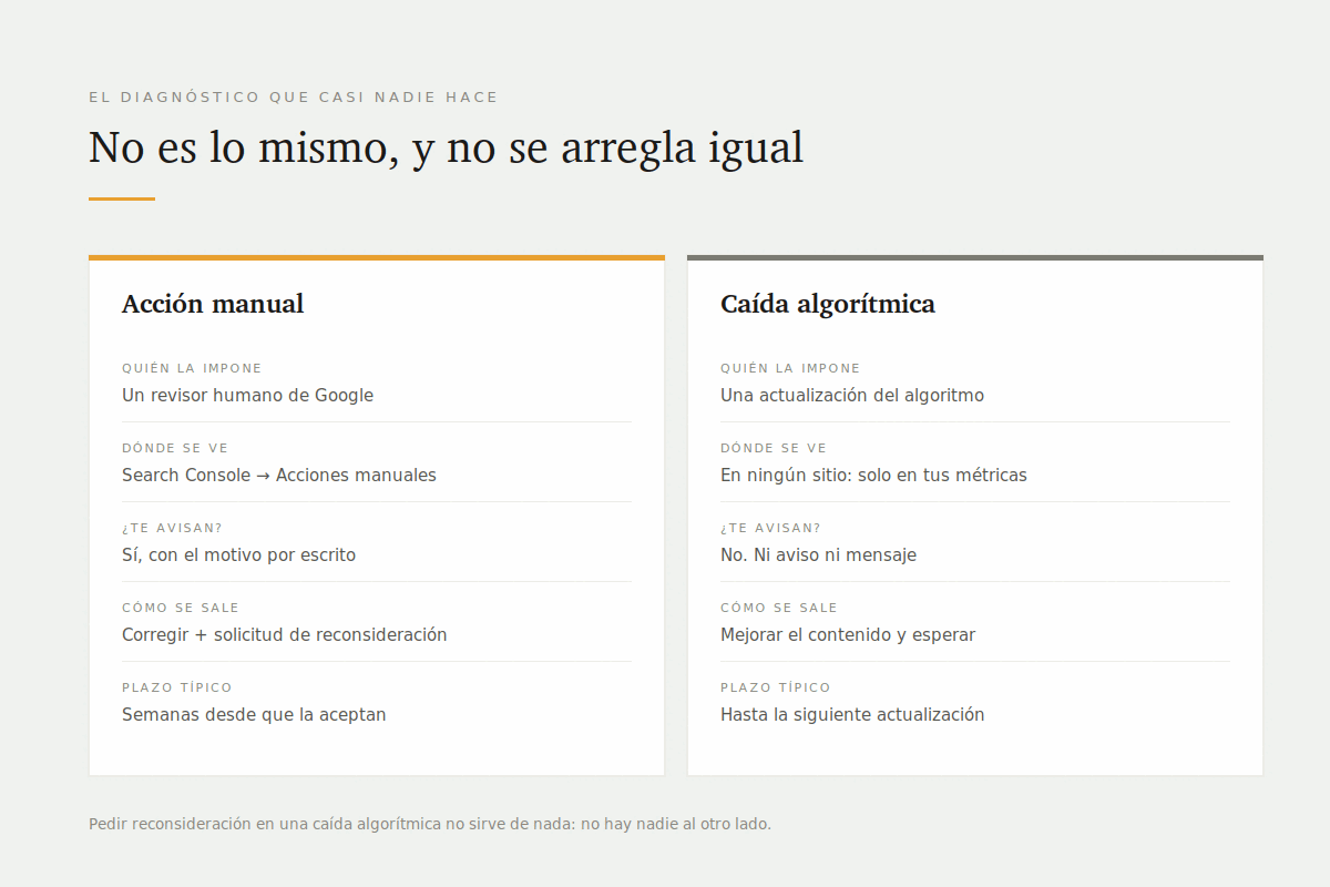 Penalizaciones de Google por contenido con IA: qué castiga de verdad y cómo salir 1 Comparación entre acción manual y caída algorítmica: quién la impone, dónde se ve, si avisan, cómo se sale y plazos
