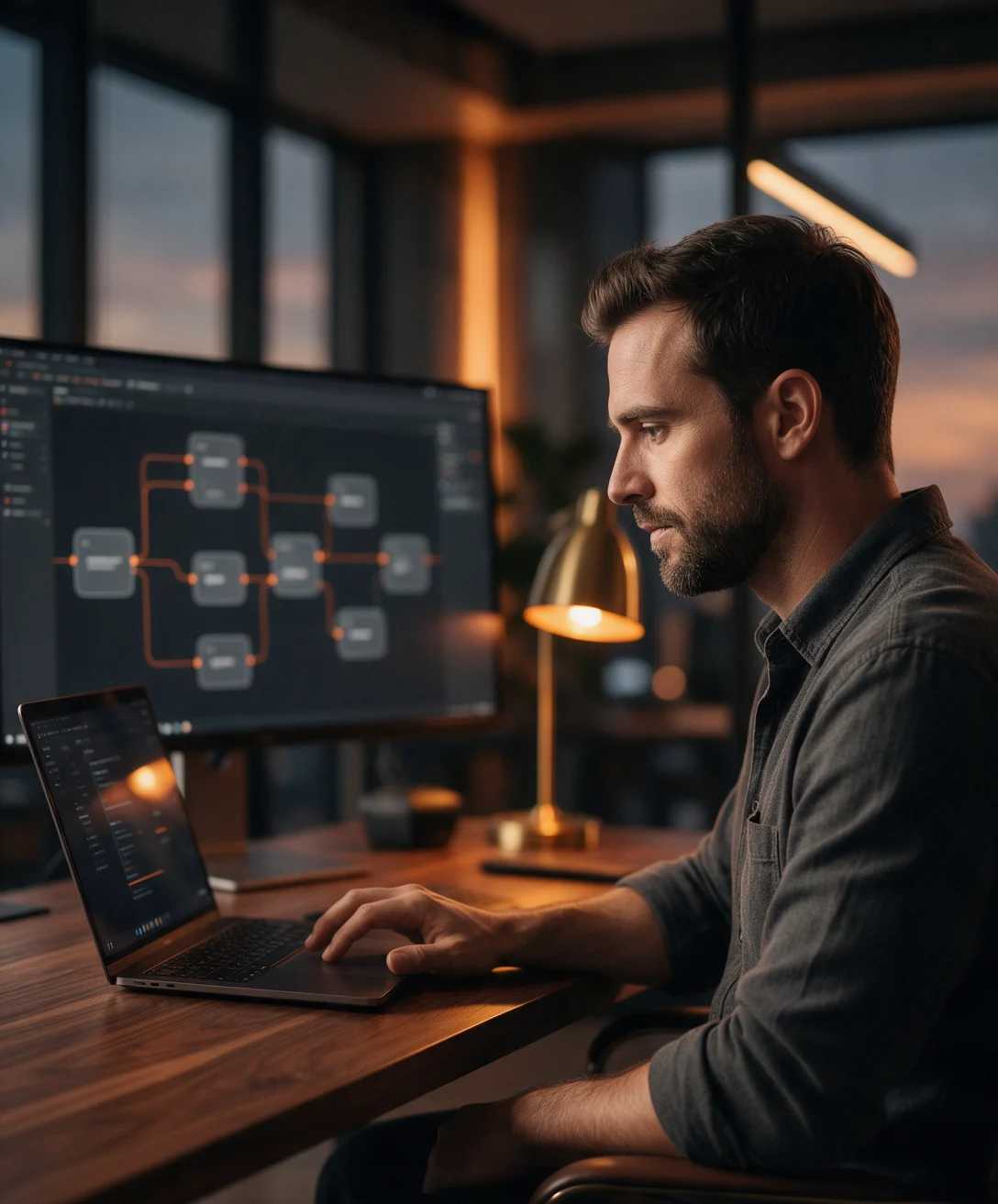 Consultor de automatización diseñando un flujo de trabajo con inteligencia artificial en su monitor