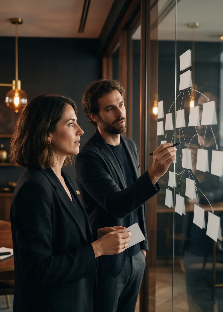 Dos consultores SEO planificando la arquitectura de una web en una pared de cristal