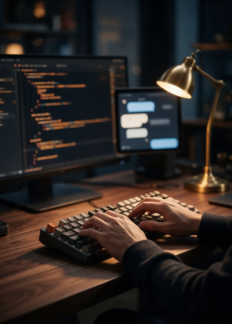 Desarrollador programando un agente de IA y un chatbot en su escritorio