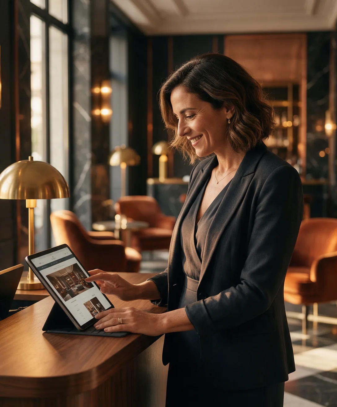 SEO para Restaurantes 1 Directora de un hotel boutique revisando las reservas online en una tablet en la recepción