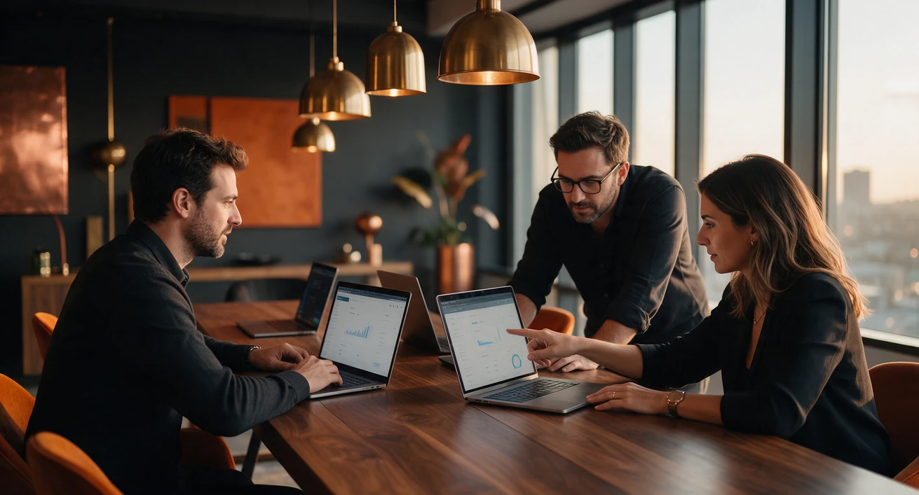 Equipo SEO revisando datos de posicionamiento en portátiles alrededor de una mesa de reuniones