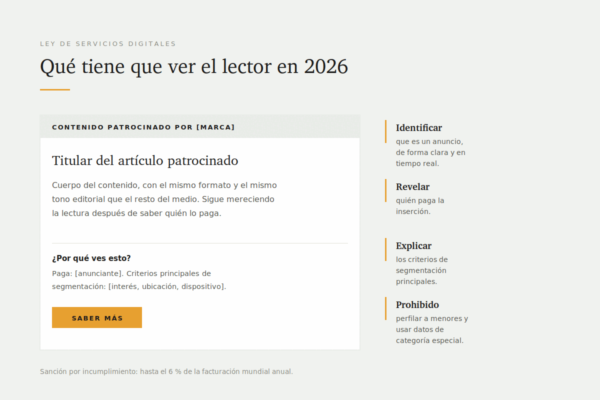 8 ejemplos de publicidad nativa que sí funcionan (y qué los hace convertir) 3 Anatomía de un anuncio nativo conforme a la Ley de Servicios Digitales: etiqueta de patrocinio, quién paga y criterios de segmentación