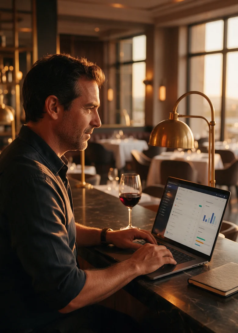 SEO para Restaurantes 3 Propietario de un restaurante revisando las reservas y la analítica web en su portátil