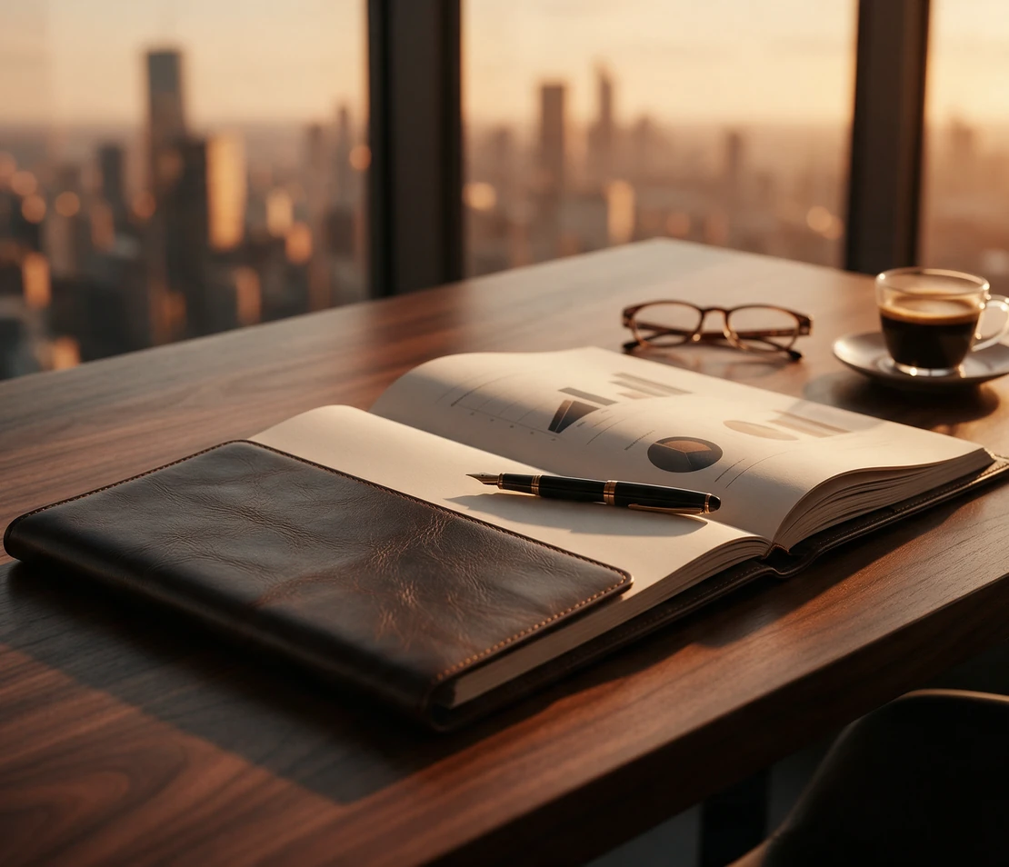 Propuesta estratégica encuadernada con pluma y gafas sobre un escritorio con vistas a la ciudad