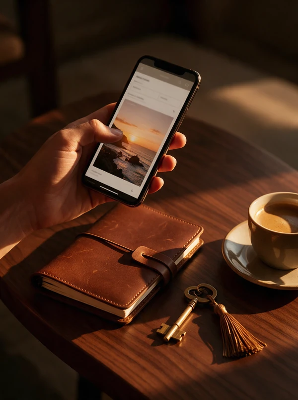 SEO para Restaurantes 2 Móvil con una web de reservas de viajes junto a un cuaderno de viaje y la llave de un hotel