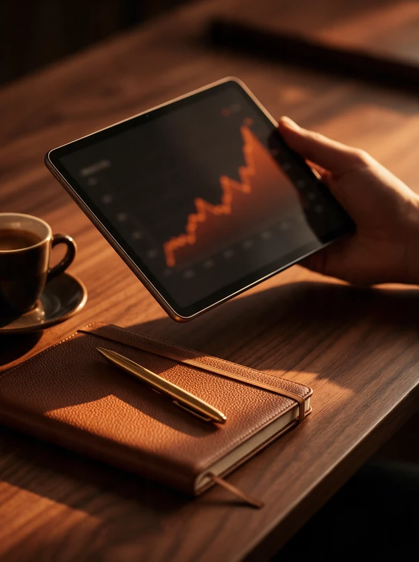 Tablet con un gráfico de crecimiento del tráfico web sobre un escritorio de nogal