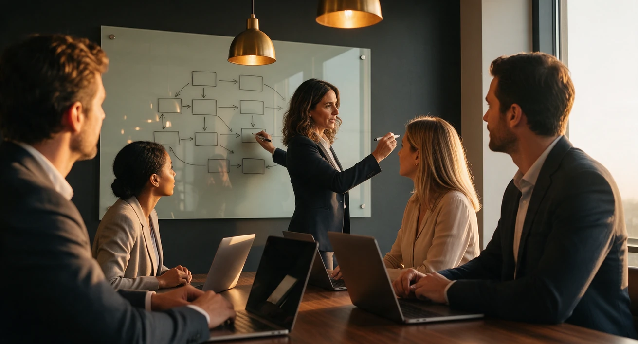Consultora explicando un diagrama de automatización de procesos a un equipo de empresa