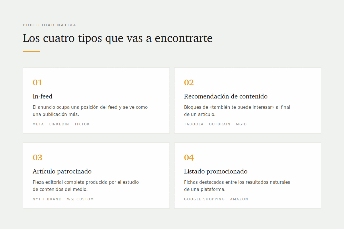 8 ejemplos de publicidad nativa que sí funcionan (y qué los hace convertir) 1 Los cuatro tipos de publicidad nativa: in-feed, recomendación de contenido, artículo patrocinado y listado promocionado